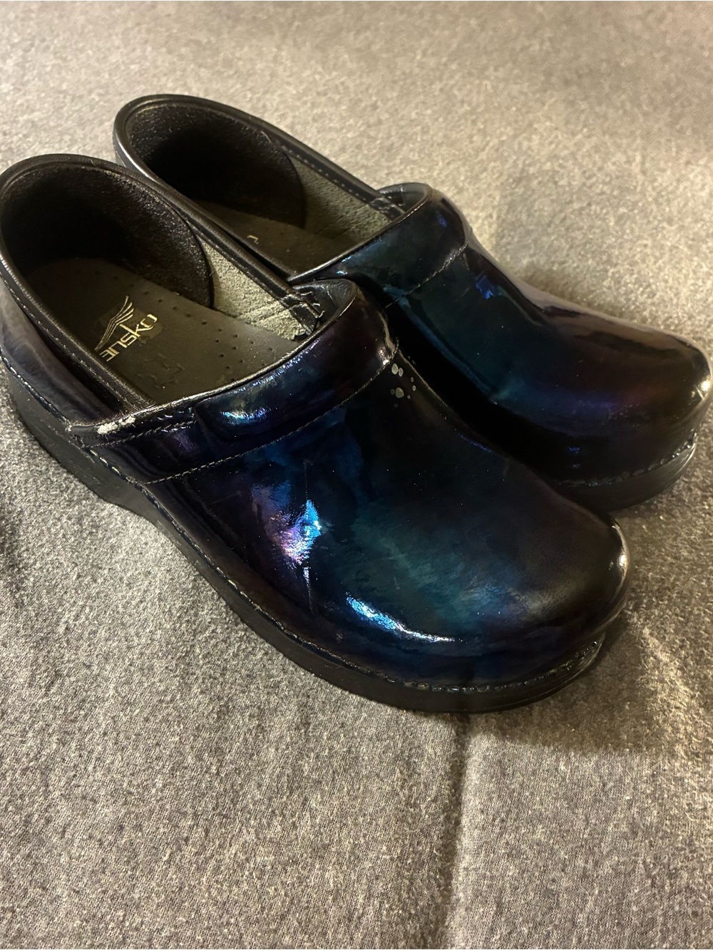 Dansko Iridescent Teal-Blue Patent Clogs